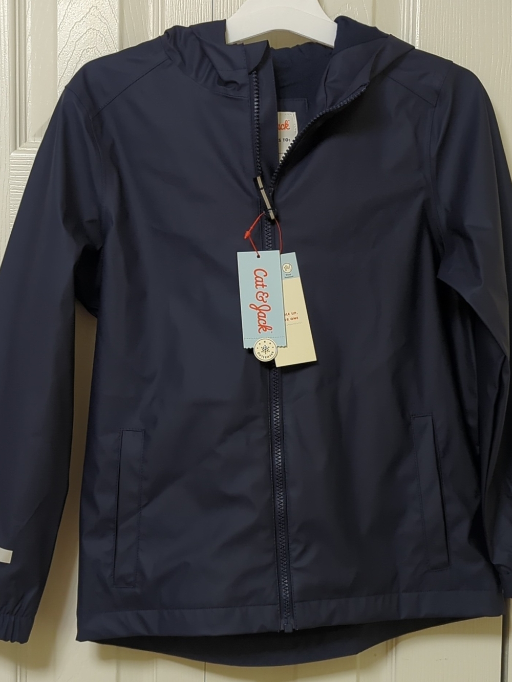 Cat & Jack Navy Hooded Kids Rain / Wind Jacket With Reflective Strips Size M(8)